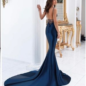 Navy Pascala Satin Gown